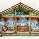 Illustrated cross-section of an eco-friendly house showing a heat pump cooling system with green insulation layers and warm wood tones.