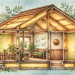 Energy bills rise January: illustrated cutaway of an eco house showing insulation layers, a glowing thermostat and rising bill charts in greens and warm wood tones.