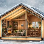 Cross-section illustration of an insulated house in winter with snow on the roof and glowing insulation layers.