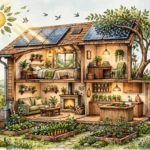 Cutaway view of a rooftop solar panel array showing common causes of solar panels not producing enough, such as dirt, shade, and aging, in green and gold tones.